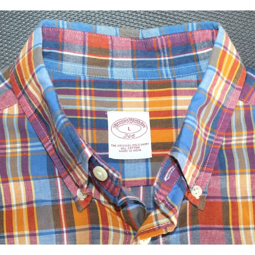 Brooks Brothers 346 Button Up L/S Orange Blue Plaid Cotton Shirt Mens Size Large